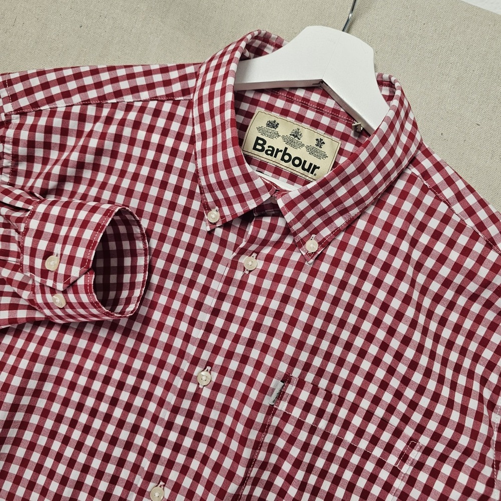 Barbour Men's XL Isel Performance Gingham Tailored Fit Red White L/S Button Down
